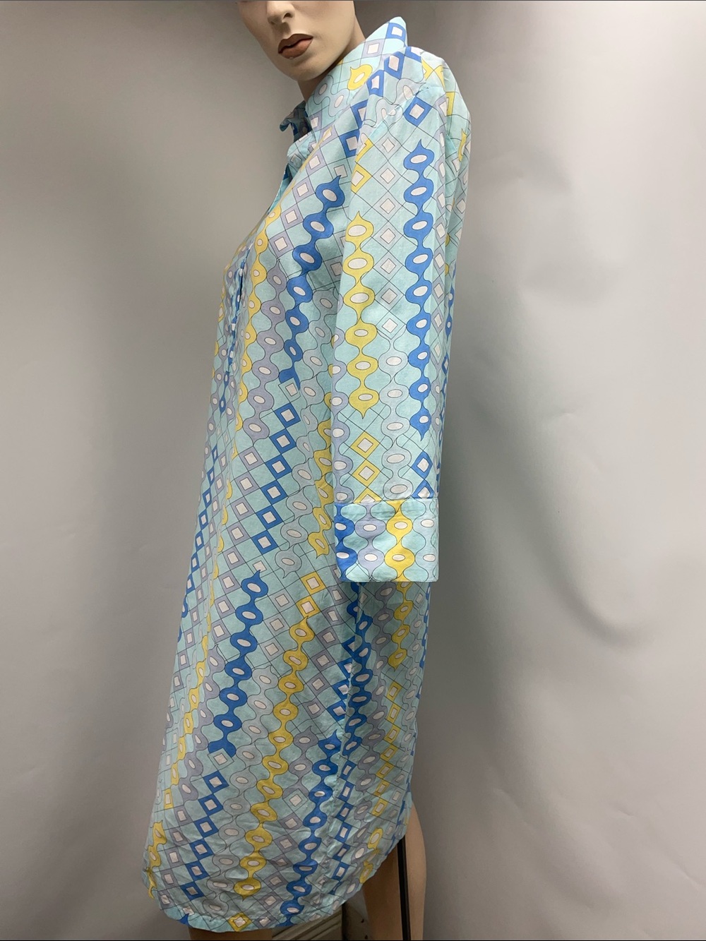 Averardo Bessi Light Blue Geometric Maxi Dress, Collared Long Sleeve, Size 14 - Picture 5 of 11